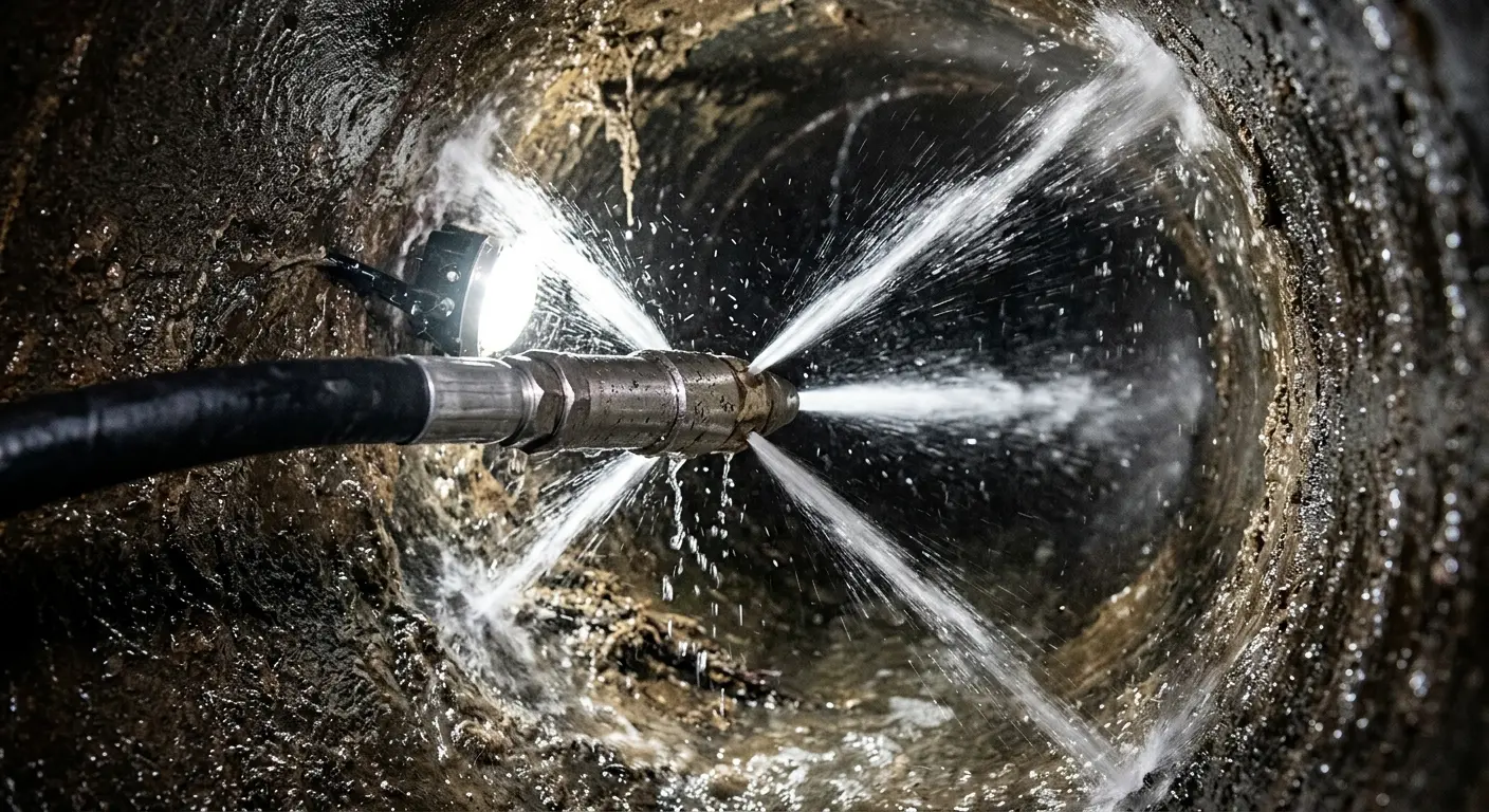 High-pressure hydro jetting nozzle cleaning sewer pipe for Trenchless Sewer Repair in Timnath