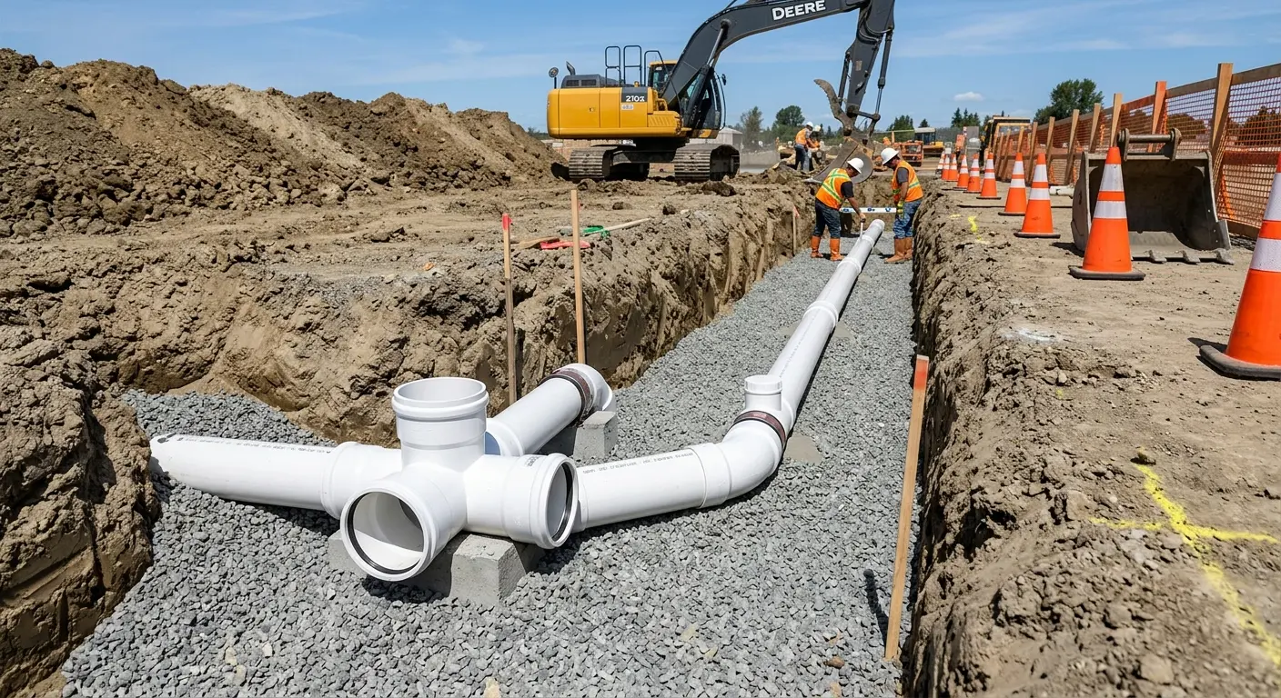 New PVC sewer pipe installation in open trench for Commercial Drain Cleaning in Timnath
