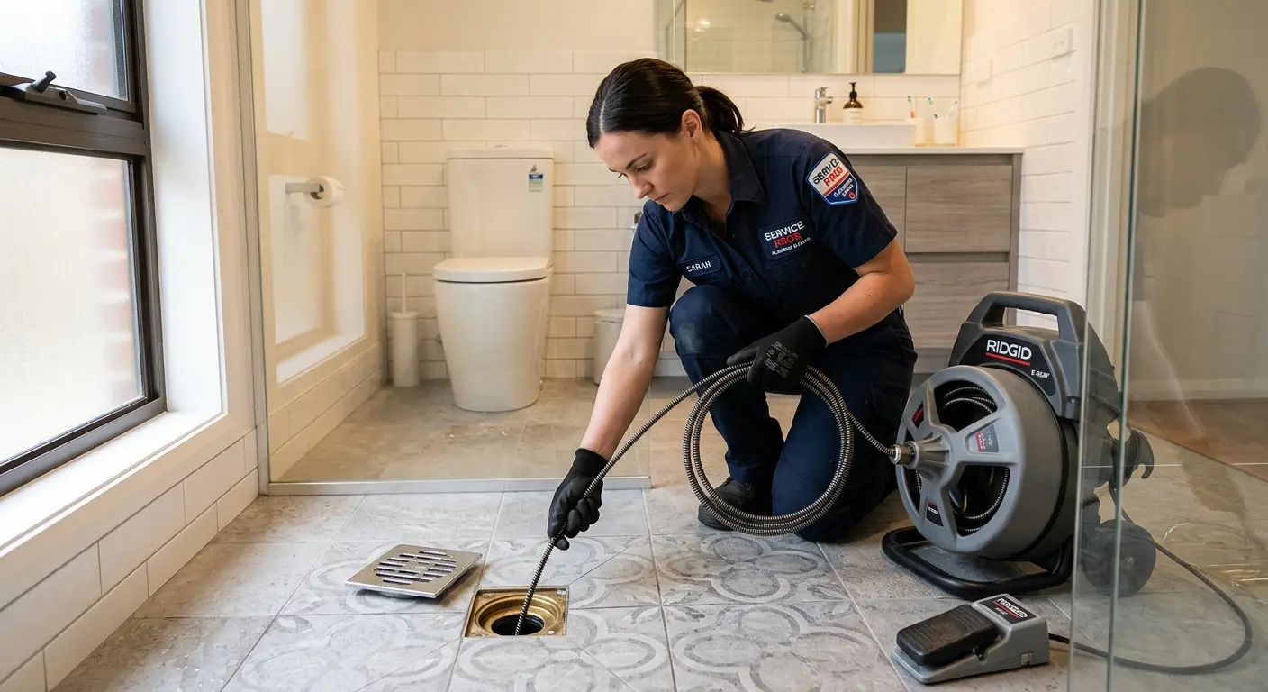 Technician clearing a bathroom floor drain for Clogged Drain Repair in Timnath